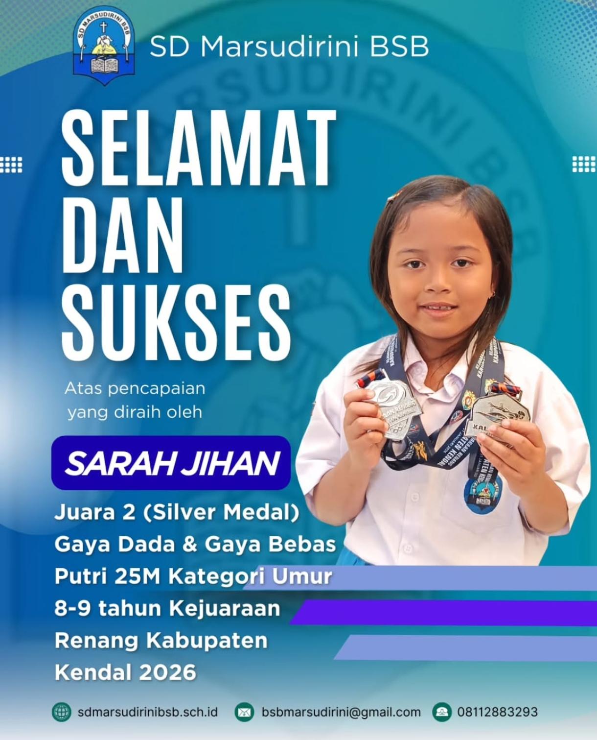 You are currently viewing Juara 2 (Silver medal) Gaya Dada & Gaya Bebas Putri 25M kategori Umur 8-9 tahun Kejuaraan Renang Kabupaten Kendal 2026