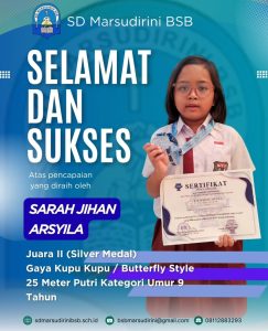 Read more about the article Juara II (Silver Medal) Gaya Kupu Kupu / Butterfly Style 25 Meter Putri Kategori Umur 9 Tahun