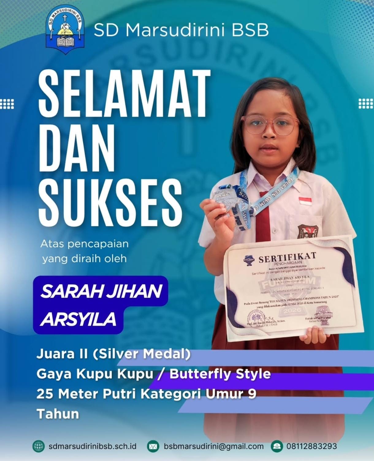 You are currently viewing Juara II (Silver Medal) Gaya Kupu Kupu / Butterfly Style 25 Meter Putri Kategori Umur 9 Tahun
