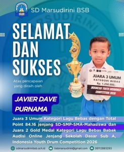 Read more about the article Juara 3 Umum Kategori Lagu Bebas dengan Total Point 84.16 jenjang SD-SMP-SMA-Mahasiswa dan Juara 2 Gold Medal Kategori Lagu Bebas Babak Audisi Online Jenjang Sekolah Dasar Sub A, Indonesia Youth Drum Competition 2026