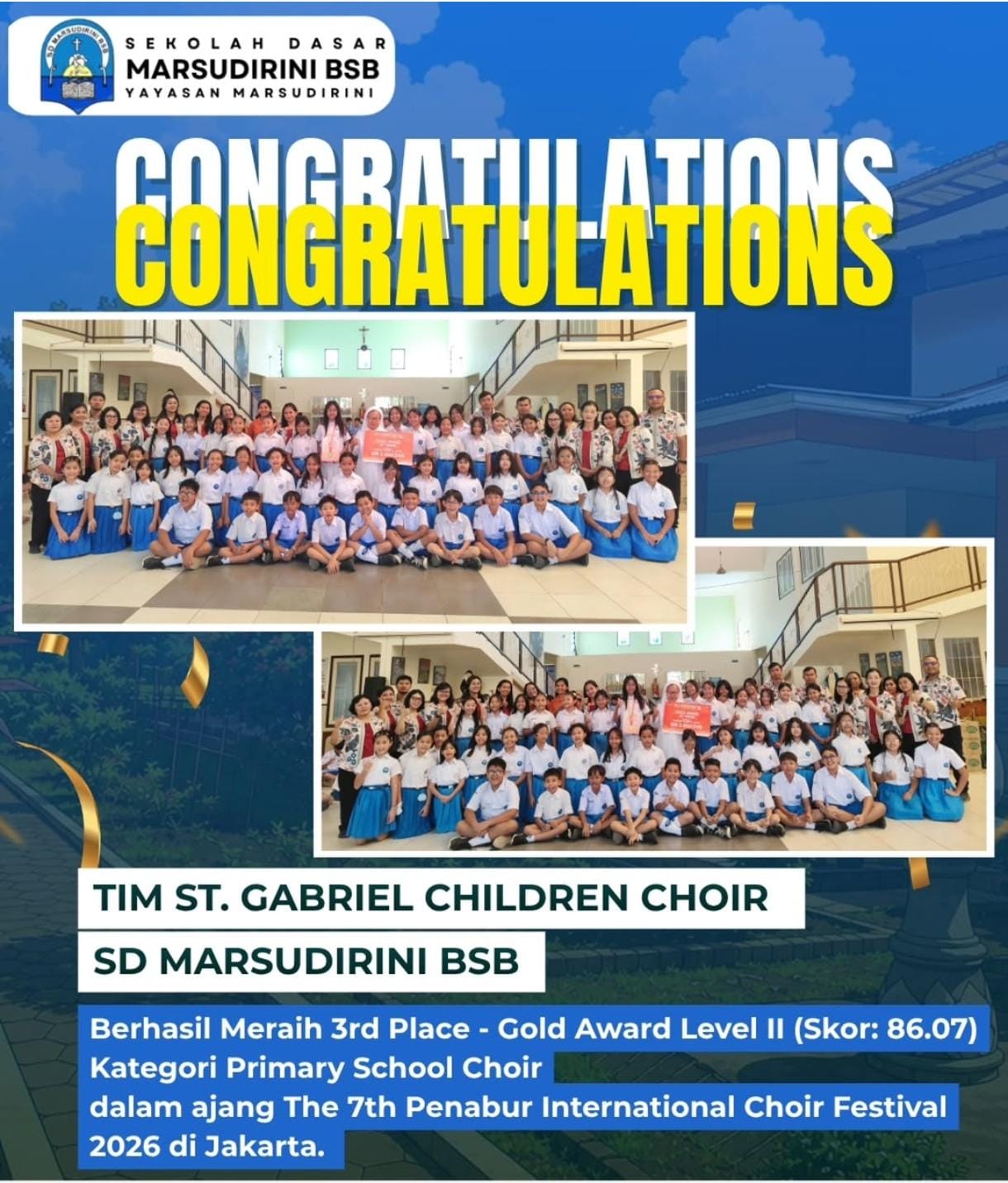 You are currently viewing Berhasil Meraih 3rd Place – Gold Award Level II (Skor: 86.07)Kategori Primary School Choir dalam ajang The 7th Penabur International Choir Festival 2026 di Jakarta.